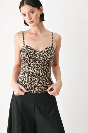 Light brown Wild Spot Bustier Woven Top by Flying Tomato, featuring detailed woven fabric and a stylish, fitted design.