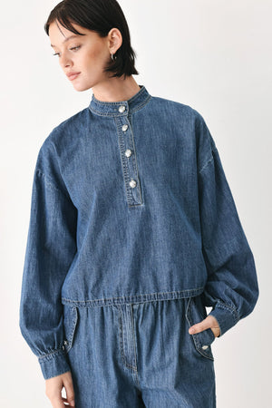 Flying Tomato Indigo Comfort Line denim top, casual fit with classic blue denim fabric and button details, styled on a model.