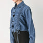 CASUAL ENCOUNTER INDIGO RUCHED DENIM BUTTON-DOWN TOP