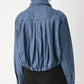CASUAL ENCOUNTER INDIGO RUCHED DENIM BUTTON-DOWN TOP