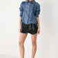 CASUAL ENCOUNTER INDIGO RUCHED DENIM BUTTON-DOWN TOP