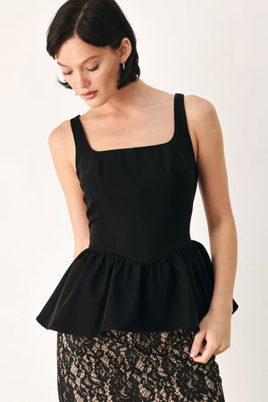 Black Midnight Romance square neck peplum top by Flying Tomato, featuring a fitted style and stylish neckline.