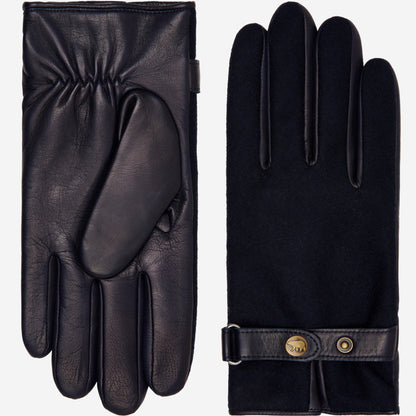 Navy blue Fabrizio tweed men's winter gloves by Leather Gloves Online with touchscreen fingertips and adjustable snap button