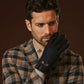 Navy blue Tweed men's winter gloves with touchscreen fingertips and adjustable snap button, Leather Gloves Online Fabrizio style.