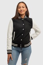 Whet Blu NYC Sarah women's varsity jacket front side view in black and white with letter patches