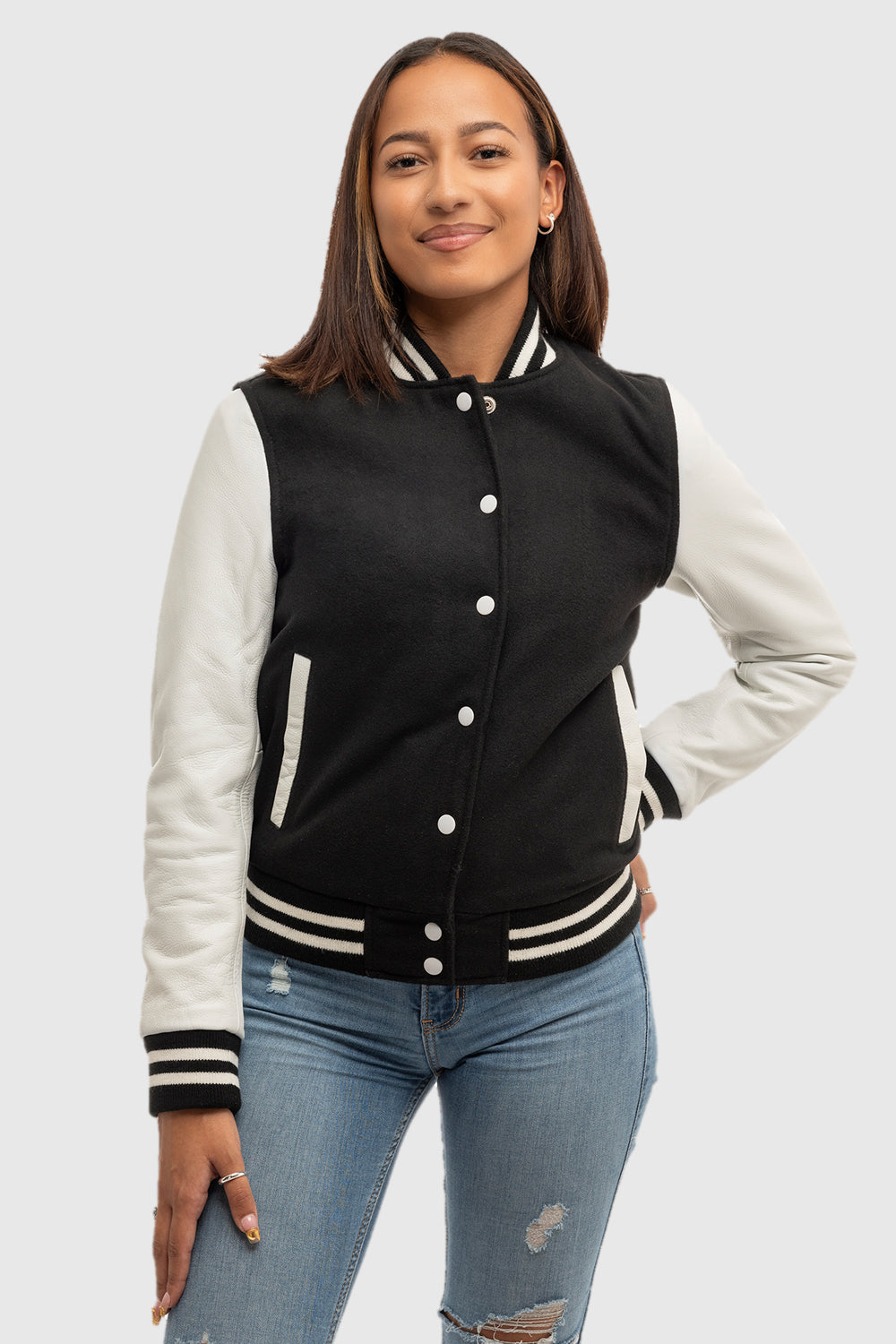 Whet Blu NYC Sarah women's varsity jacket front side view in black and white with letter patches