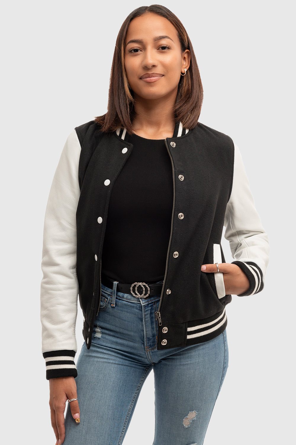 Whet Blu NYC Sarah women's varsity jacket, front view