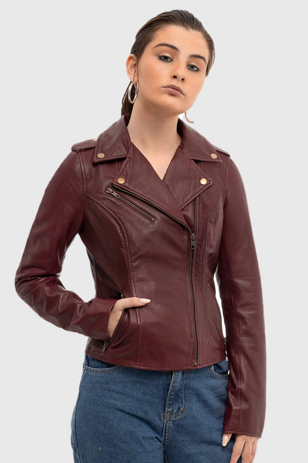 Whet Blu NYC Harper women's lambskin leather moto jacket, front view
