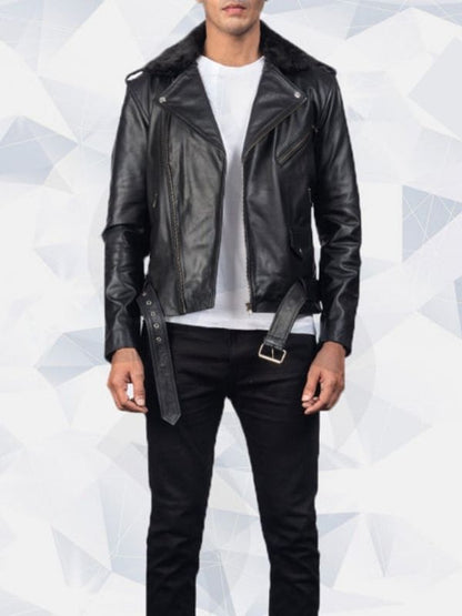 Furton Black Biker Leather Jacket