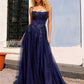Nox Anabel G1405 Long A-Line Glitter Tulle Square Neck Open Back Ball Gown
