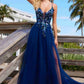Nox Anabel G1649 Lace-Up Deep V-Neck A-line Dress with Sequin Applique