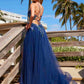 Nox Anabel G1649 Lace-Up Deep V-Neck A-line Dress with Sequin Applique
