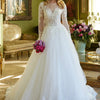 A-Line Silhouette Wedding Dress Has An Illusion V-Neckline Corset Bodice - Ivory/Cream