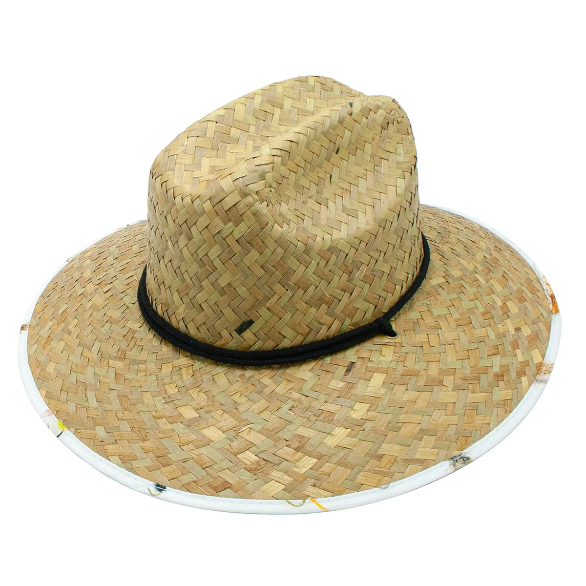 Peter Grimm Gallatin River straw lifeguard hat with wide brim and chin cord viewed against a white background