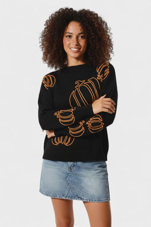 Pumpkin Embroidered Halloween Thanksgiving Sweater