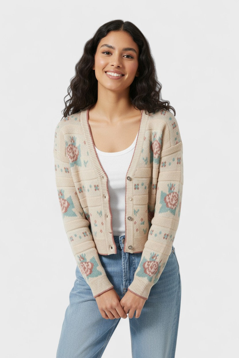 Floral Pattern Long Sleeve Button Sweater Cardigan
