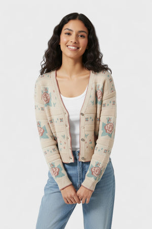 Floral Pattern Long Sleeve Button Sweater Cardigan
