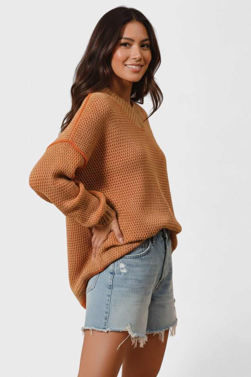 SO ME Oversized Two Tone Textured V Neck Sweater