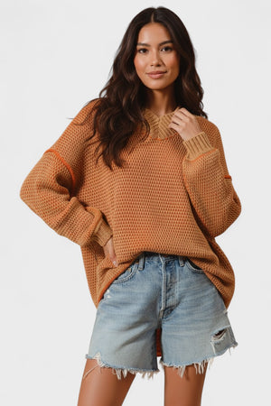 SO ME Oversized Two Tone Textured V Neck Sweater
