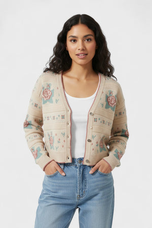 Floral Pattern Long Sleeve Button Sweater Cardigan