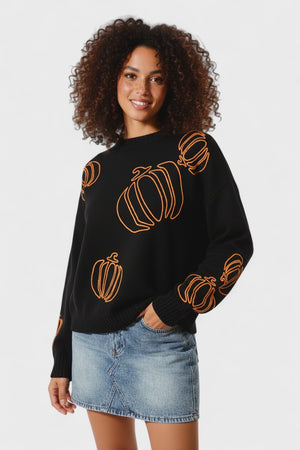 Pumpkin Embroidered Halloween Thanksgiving Sweater
