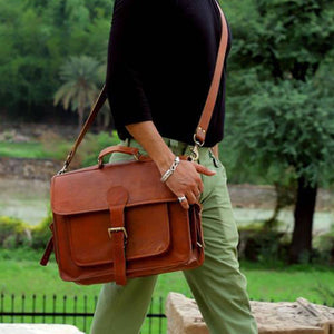 Vintage Denver messenger bag by Classy Leather Bags, featuring brown leather with adjustable shoulder strap and multiple compartments.