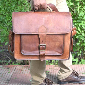 Brown leather messenger bag by Classy Leather Bags with adjustable shoulder strap and multiple compartments.