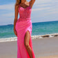 Nox Anabel H1670 Glitter Satin Floral Embroidered Dress with Slit