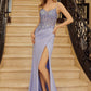 Nox Anabel H1670 Glitter Satin Floral Embroidered Dress with Slit