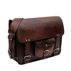 Brown leather messenger bag from Classy Leather Bags, The Rugged Messenger, with adjustable strap and multiple compartments.