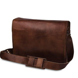 Brown leather messenger bag, The Prime Satchel by Classy Leather Bags with adjustable shoulder strap and multiple compartments.
