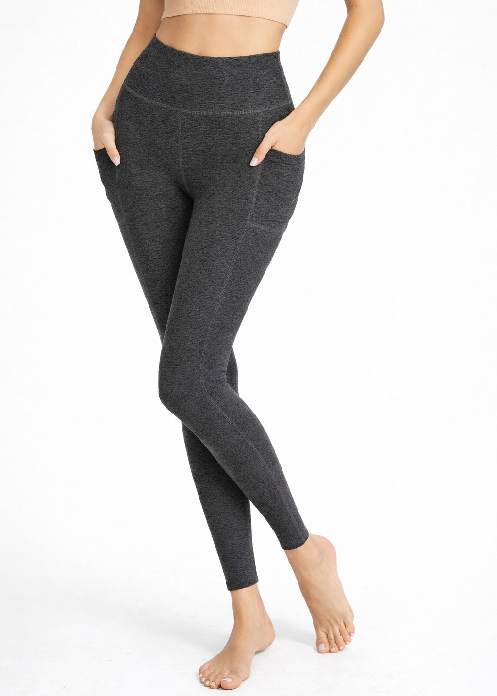Trophy Yoga Heather Pocket Leggings made in USA, gray leggings with side pockets