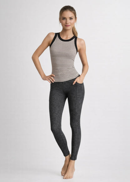Trophy Yoga Heather Pocket Leggings, made in USA, shown in gray with side pockets