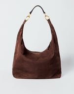 HYER GOODS hobo bag with chocolate suede leather, featuring a slouchy hobo style and spacious interior.