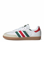 Men's Adidas Samba OG sneakers in white with scarlet and dark green accents, side view