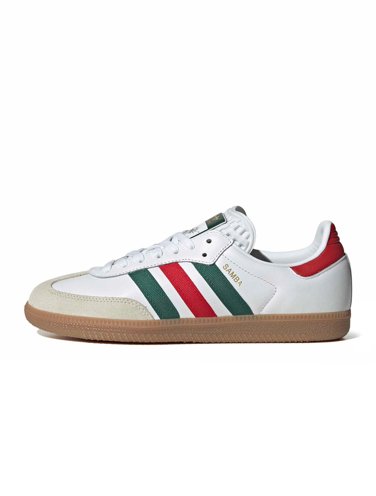 Men's Adidas Samba OG sneakers in white with scarlet and dark green accents, side view