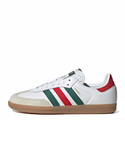 Men's Adidas Samba OG sneakers in white with scarlet and dark green accents, side view