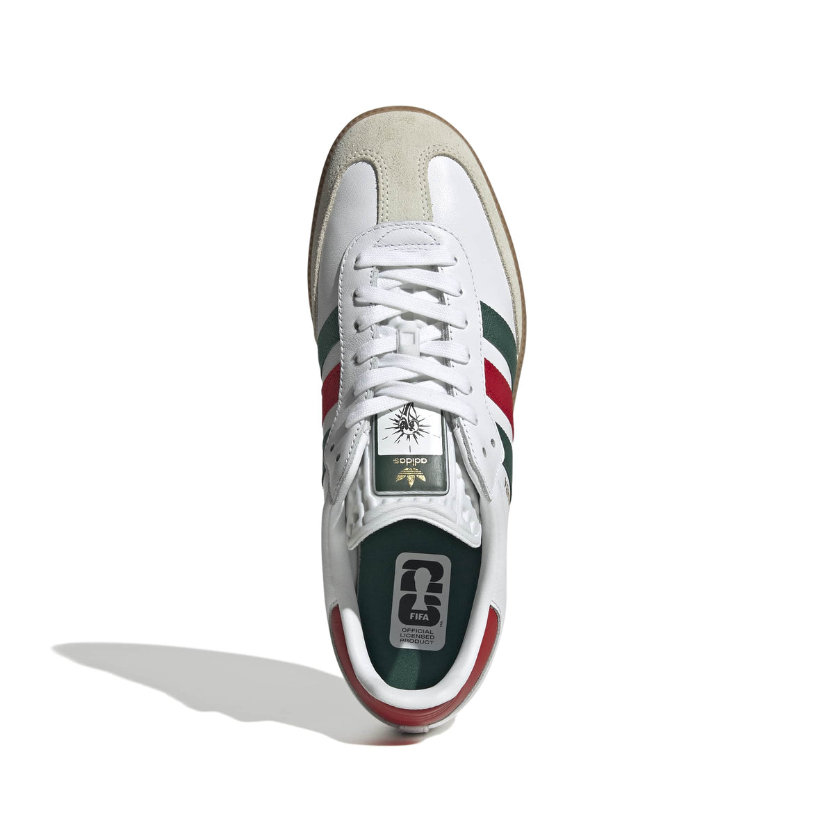 Adidas Men's Samba OG white sneakers with scarlet and dark green accents, top view