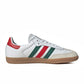 Adidas men's Samba OG sneakers in white with scarlet and dark green accents, side medial view