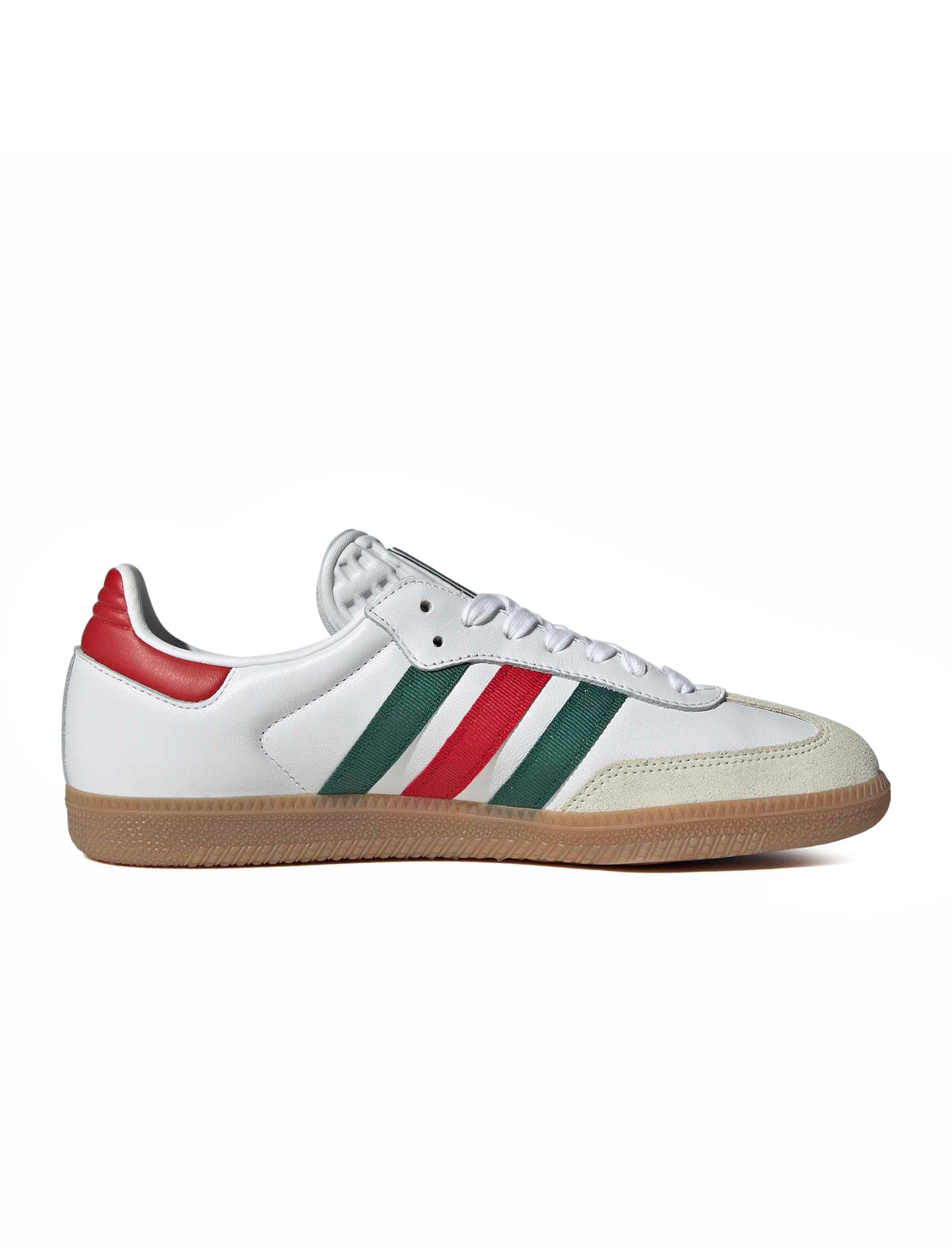 Adidas men's Samba OG sneakers in white with scarlet and dark green accents, side medial view
