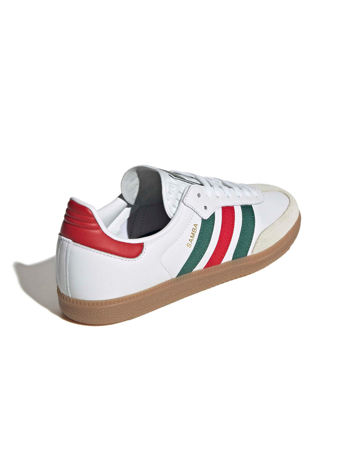 Adidas men's Samba OG sneakers in white with scarlet and dark green accents, back lateral top view