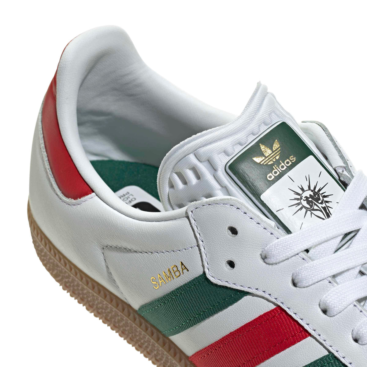 Denim Exchange men's Samba OG footwear in white with scarlet and dark green accents