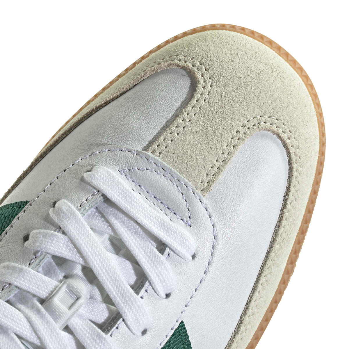 Men's Adidas Samba OG sneakers in white with scarlet accents and dark green details, side view