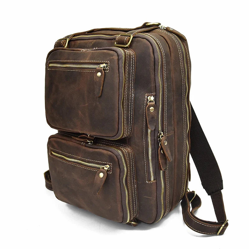 Dublin leather backpack briefcase 2-in-1 by Classy Leather Bags, brown convertible work bag with shoulder straps