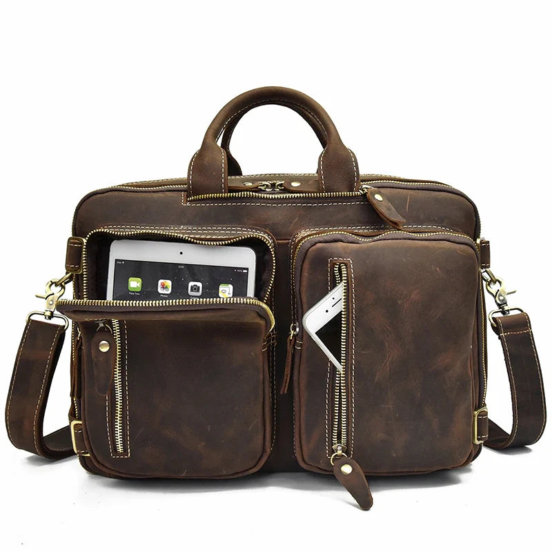 Dublin leather backpack briefcase 2-in-1 by Classy Leather Bags, brown convertible work bag with shoulder straps