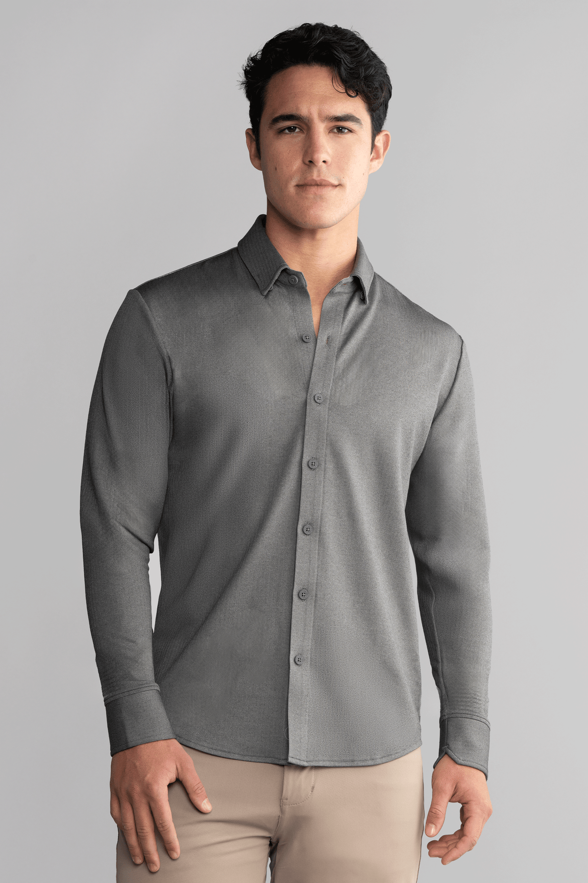 Charcoal long sleeve button-down polo shirt in herringbone pattern by Twillory, showing front view of the AthlPoloBDLongSolid style.