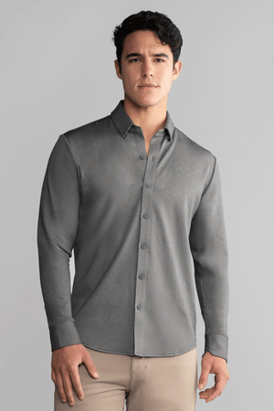 Charcoal long sleeve button-down polo shirt in herringbone pattern by Twillory, showing front view of the AthlPoloBDLongSolid style.