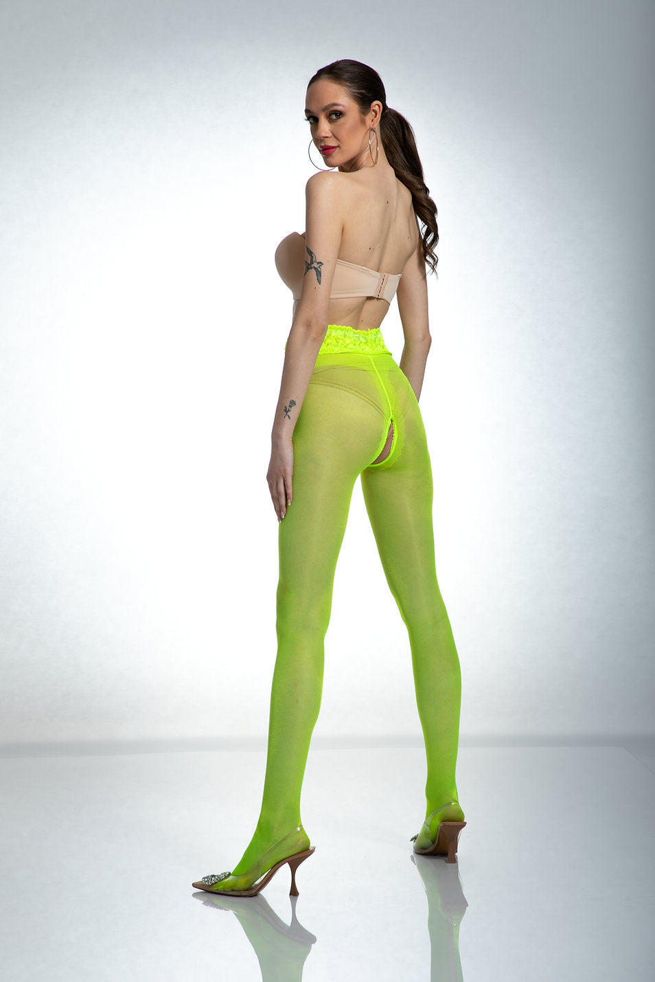 Amour Hip Lace Open Crotch Pantyhose 30DEN Fluo Yellow-3
