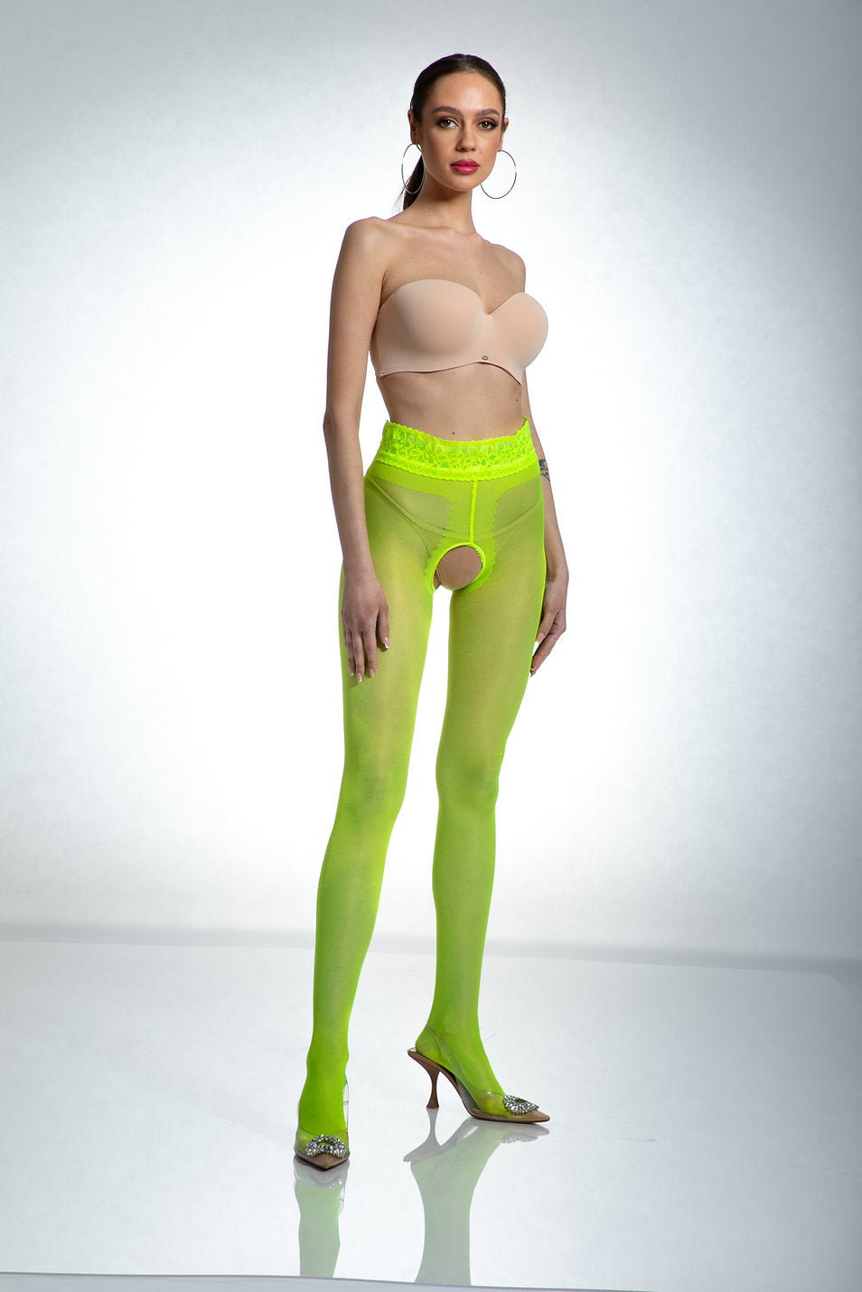 Amour Hip Lace Open Crotch Pantyhose 30DEN Fluo Yellow-2