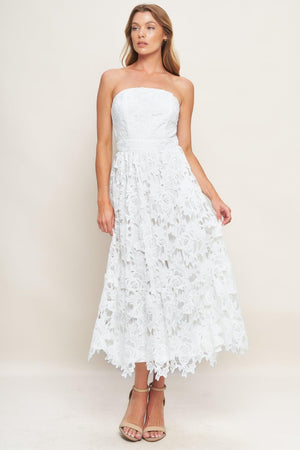 Off-white lace midi dress by Flying Tomato from Carefree Nights collection, featuring delicate lace details and a stylish fit.